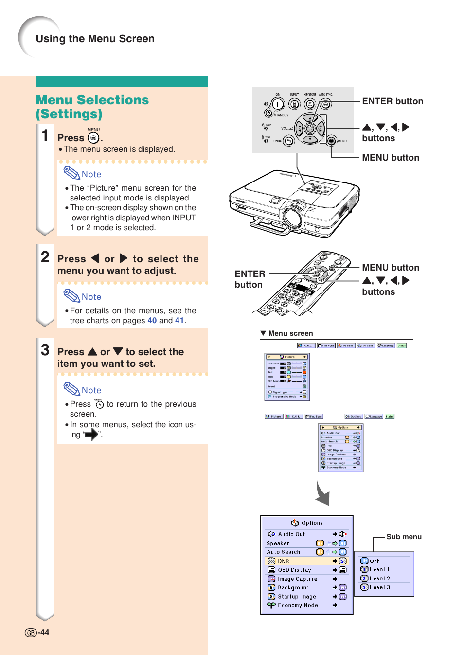 Menu selections (settings) | Sharp XG-C55X User Manual | Page 48 / 106