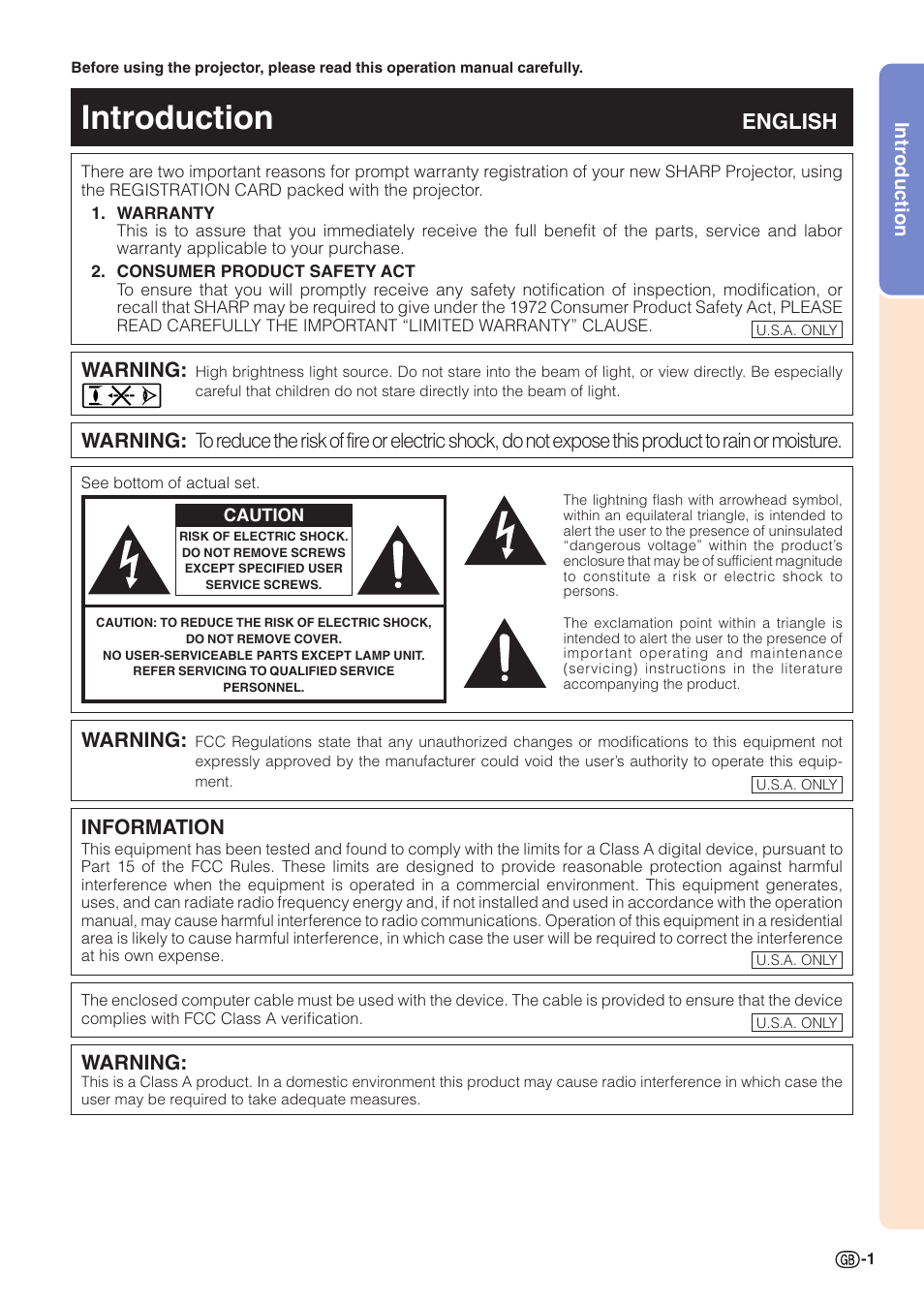 Introduction, English, Warning | Information | Sharp XG-C55X User Manual | Page 5 / 106