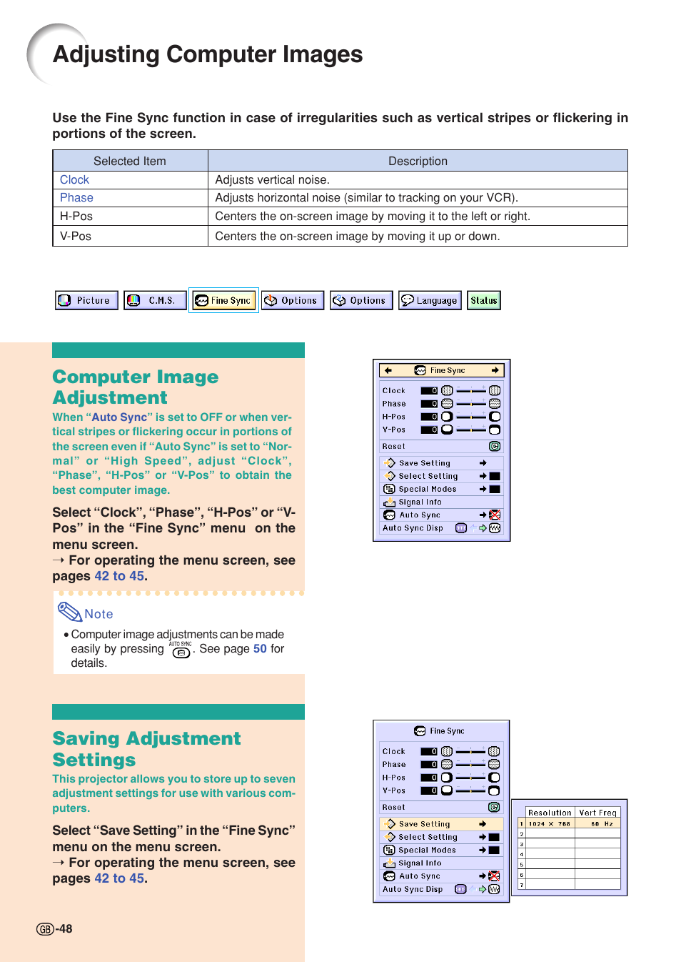 Adjusting computer images, Computer image adjustment, Saving adjustment settings | Sharp XG-C55X User Manual | Page 52 / 106