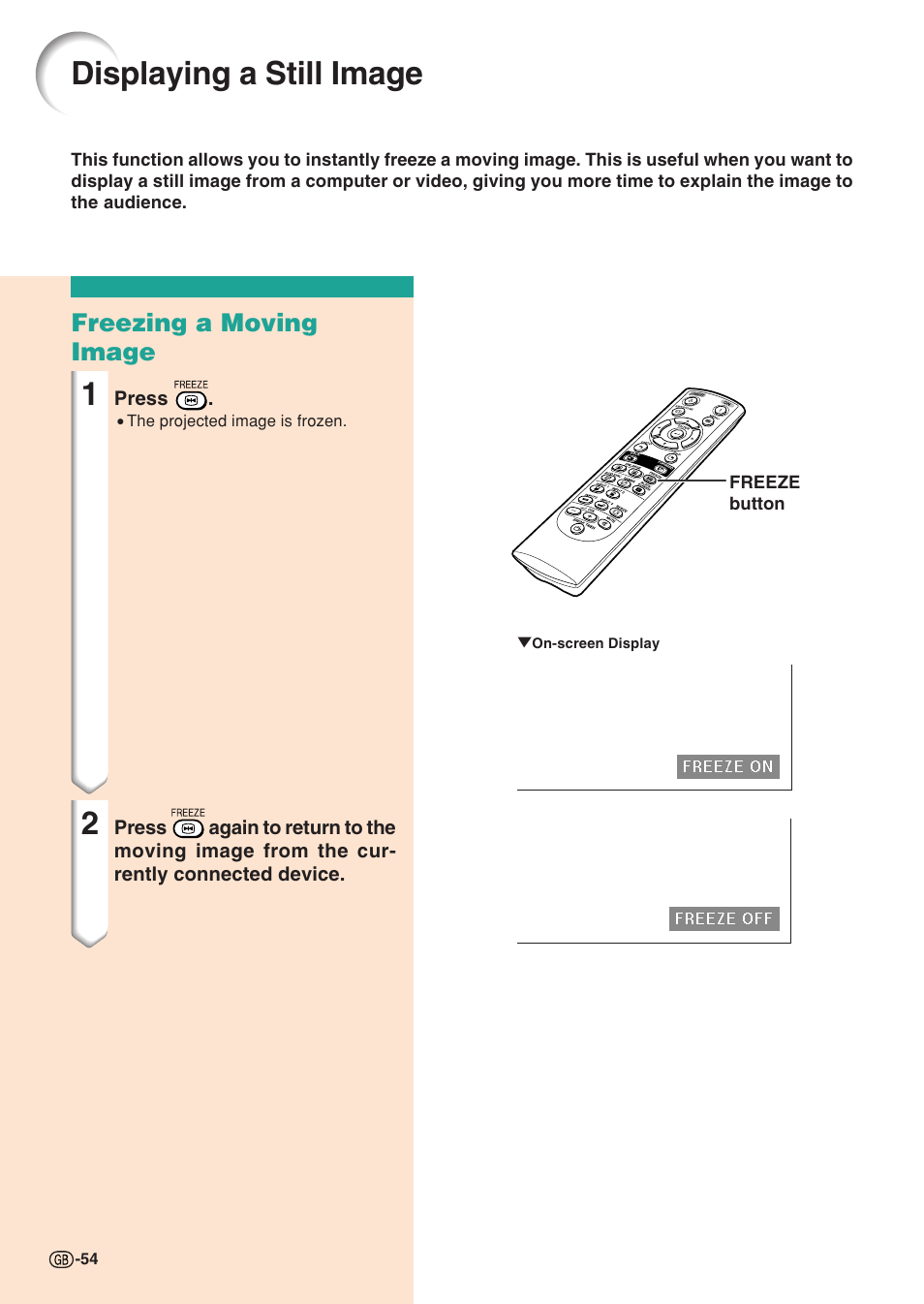 Displaying a still image, Freezing a moving image | Sharp XG-C55X User Manual | Page 58 / 106