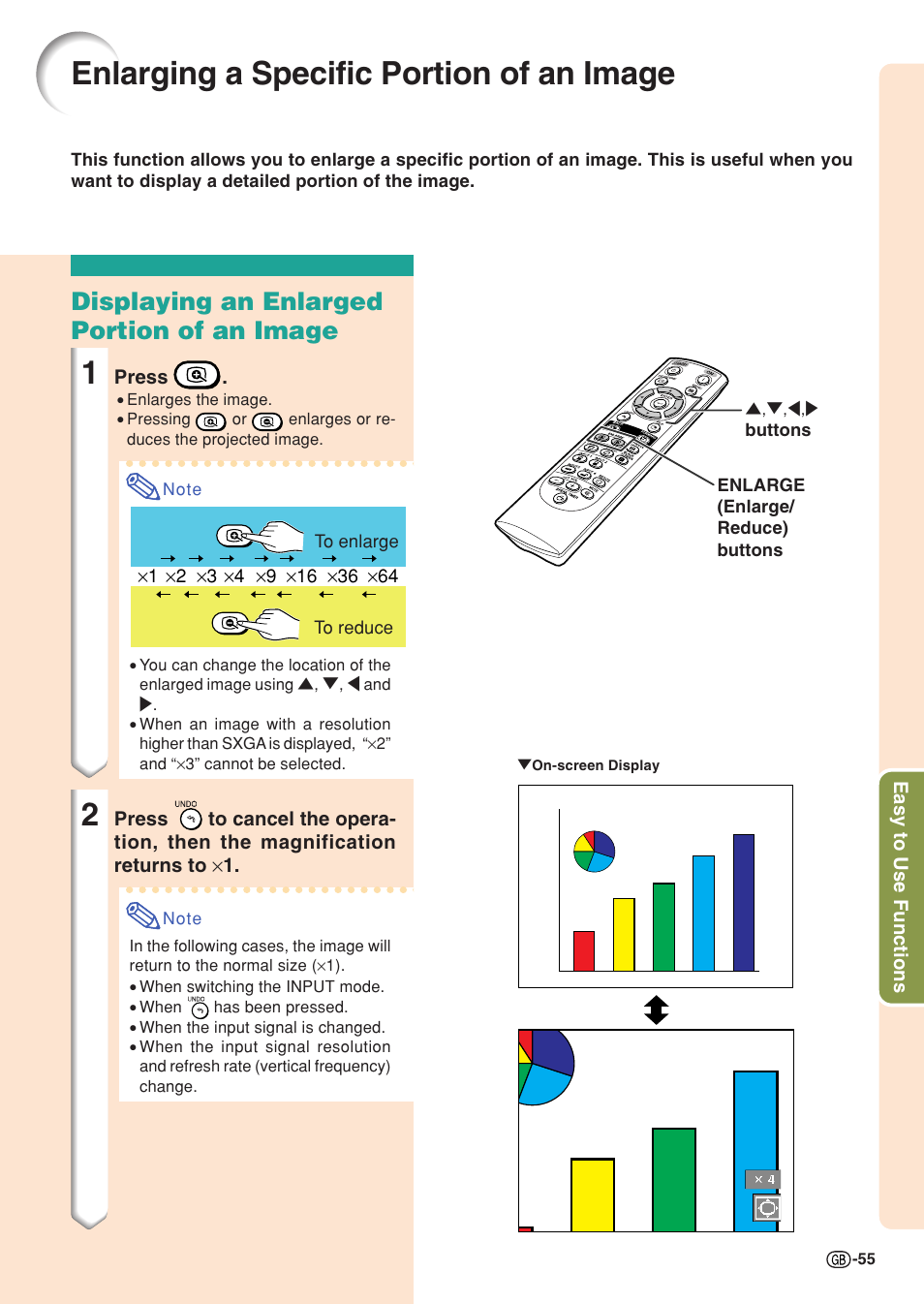 Enlarging a specific portion of an image, Displaying an enlarged portion of an image | Sharp XG-C55X User Manual | Page 59 / 106