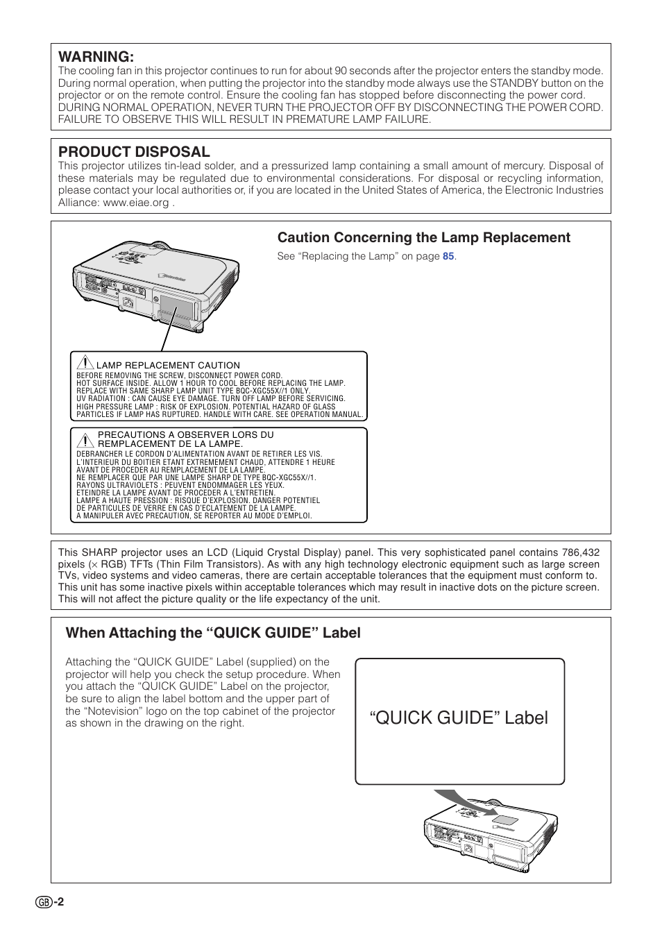 Quick guide” label, Warning, Product disposal | When attaching the “quick guide” label, Caution concerning the lamp replacement | Sharp XG-C55X User Manual | Page 6 / 106