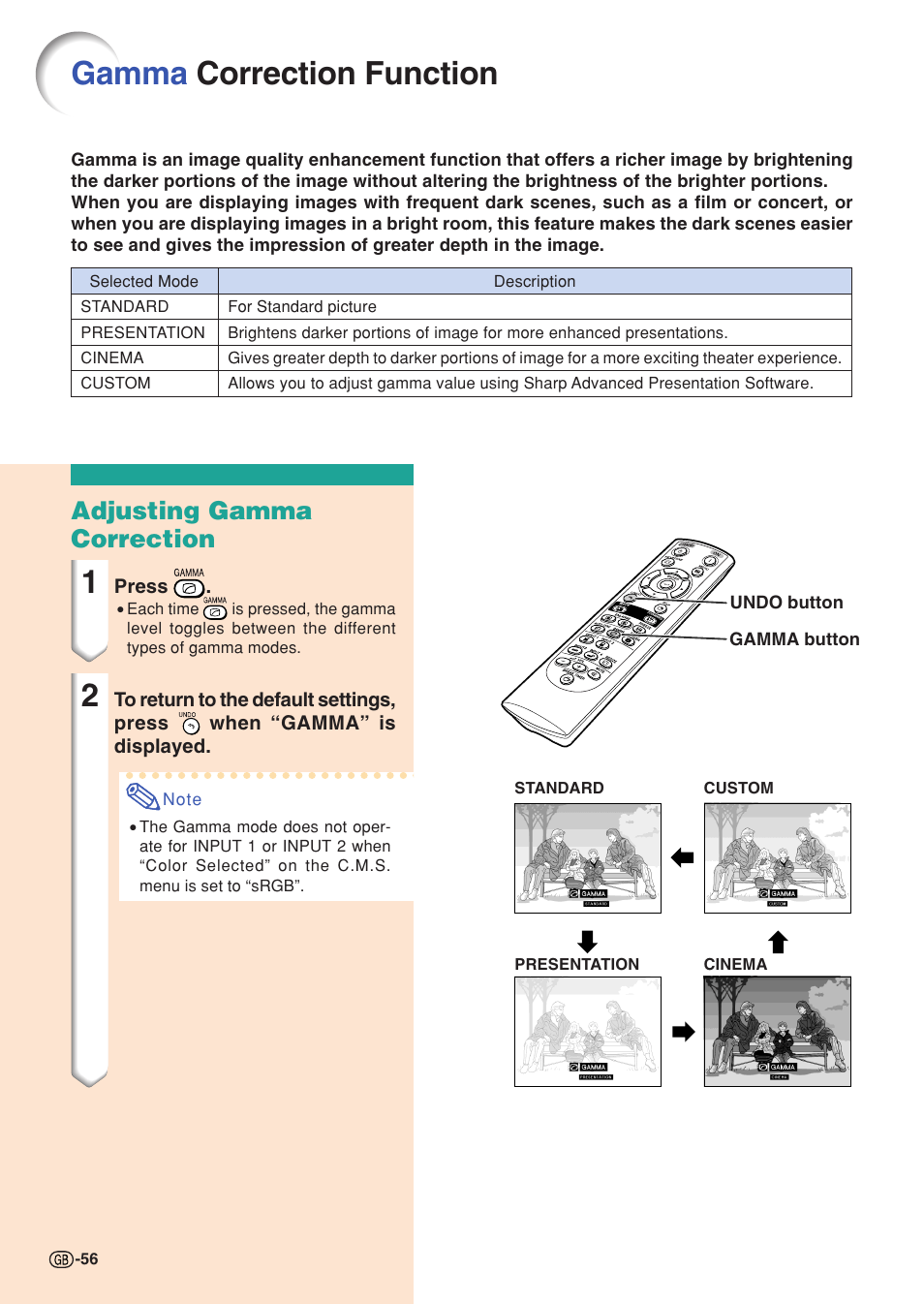 Gamma correction function, Adjusting gamma correction | Sharp XG-C55X User Manual | Page 60 / 106