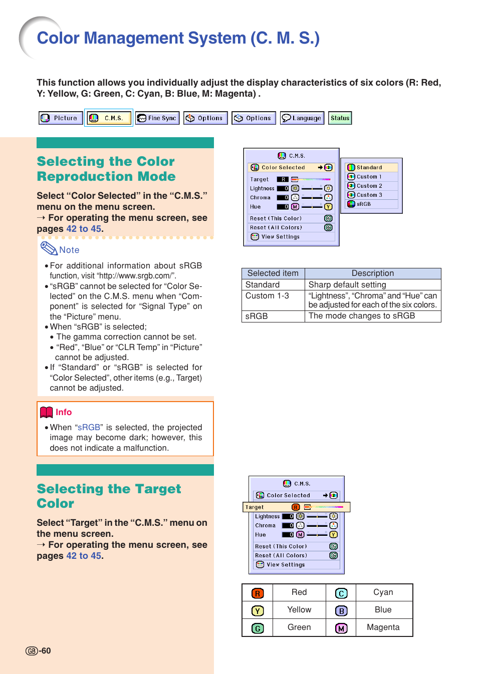 Color management system (c. m. s.), Selecting the color reproduction mode, Selecting the target color | Sharp XG-C55X User Manual | Page 64 / 106