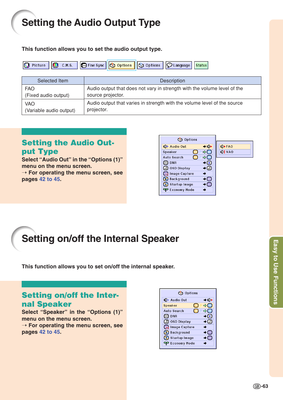 Setting the audio output type, Setting on/off the internal speaker, Setting the audio out- put type | Setting on/off the inter- nal speaker | Sharp XG-C55X User Manual | Page 67 / 106