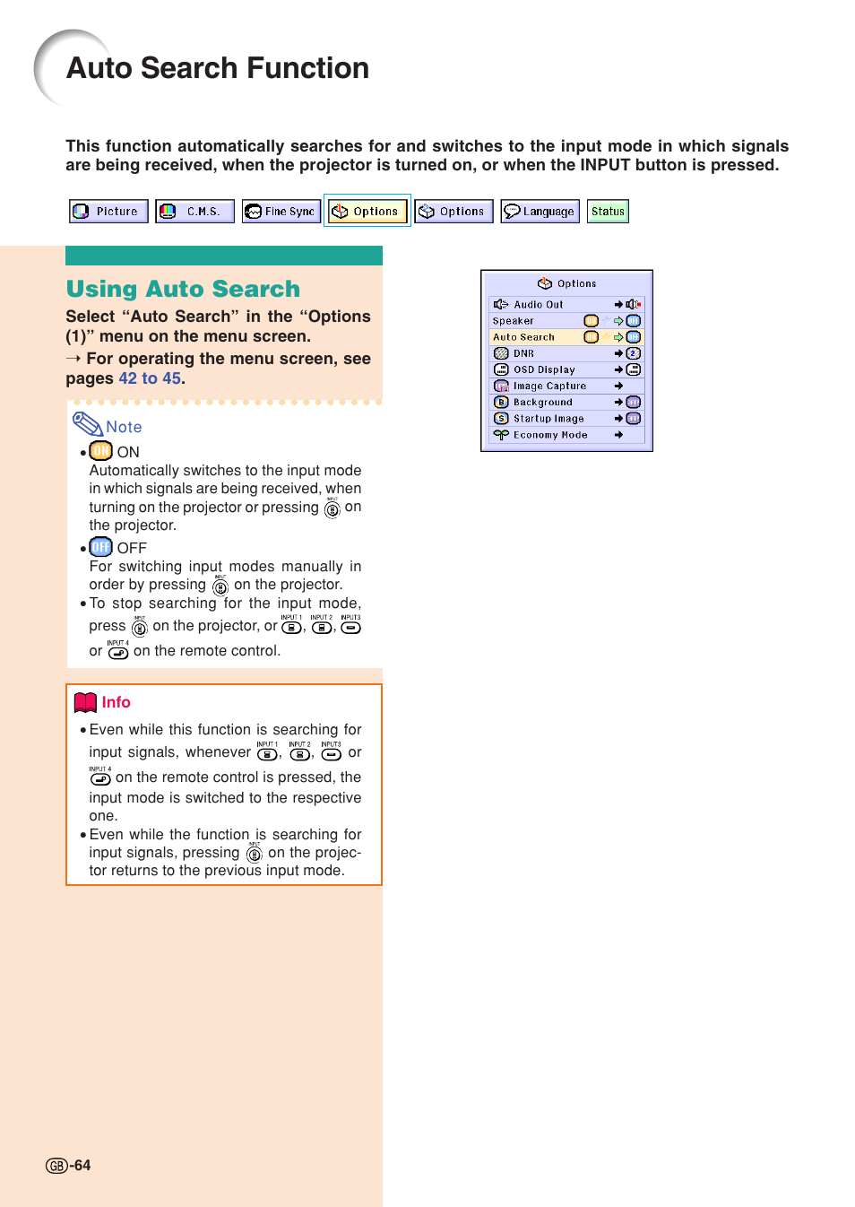 Auto search function, Using auto search | Sharp XG-C55X User Manual | Page 68 / 106