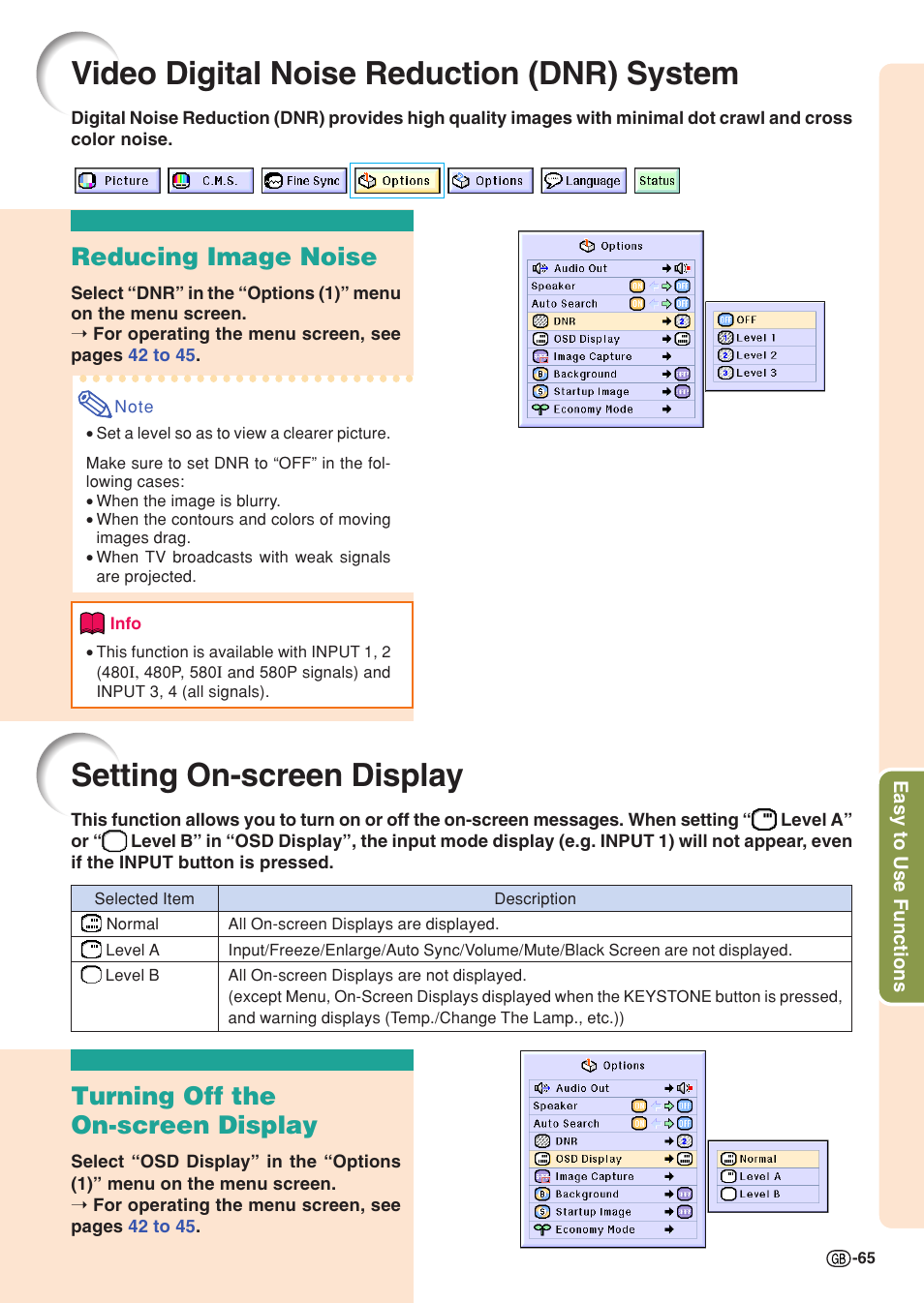 Video digital noise reduction (dnr) system, Setting on-screen display, Video digital noise reduction | Dnr) system, Reducing image noise, Turning off the on-screen display | Sharp XG-C55X User Manual | Page 69 / 106