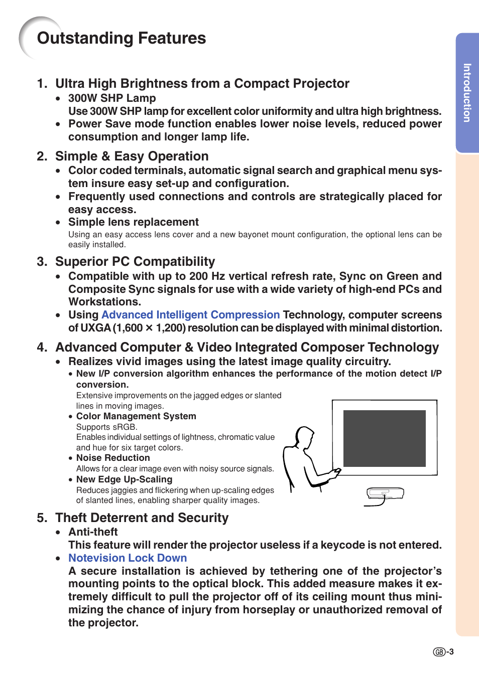 Outstanding features, Ultra high brightness from a compact projector, Simple & easy operation | Superior pc compatibility, Theft deterrent and security | Sharp XG-C55X User Manual | Page 7 / 106