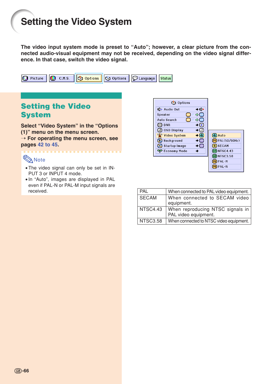 Setting the video system | Sharp XG-C55X User Manual | Page 70 / 106