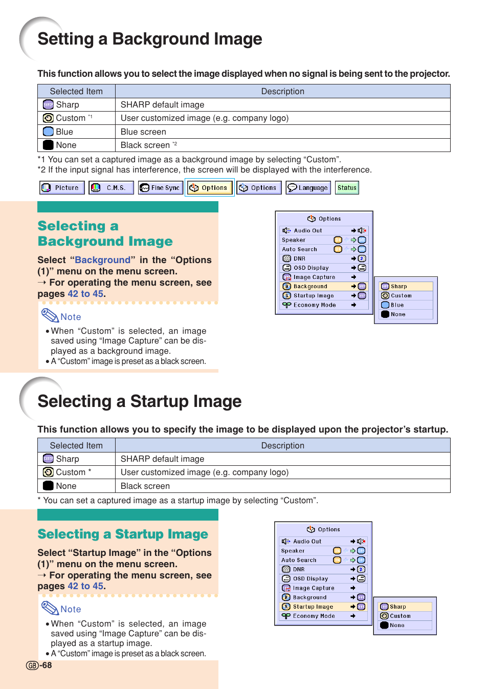 Setting a background image, Selecting a startup image, Selecting a background image | Sharp XG-C55X User Manual | Page 72 / 106