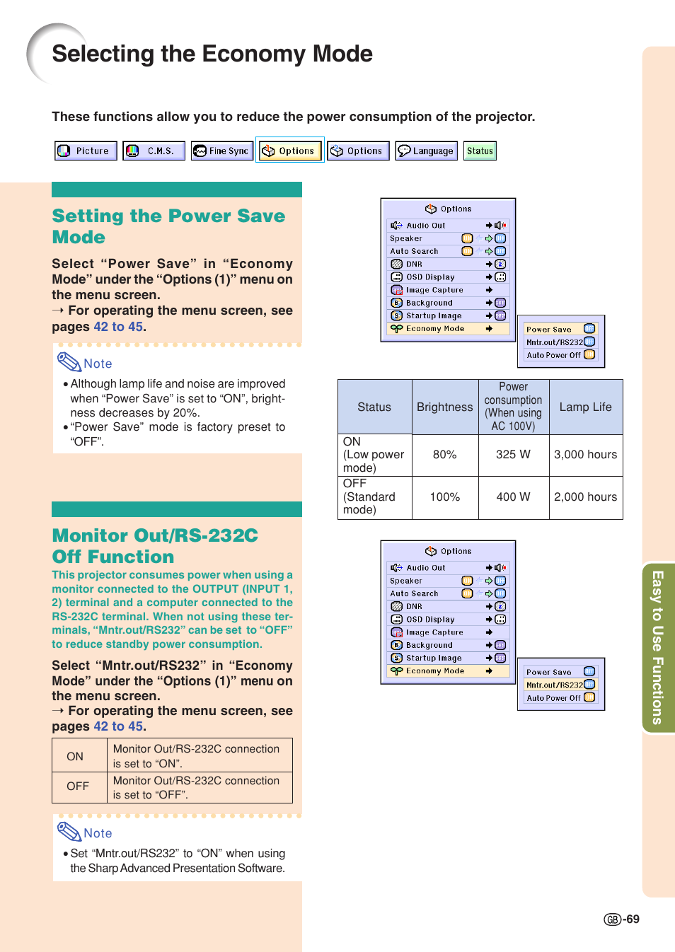 Selecting the economy mode, Setting the power save mode, Monitor out/rs-232c off function | Sharp XG-C55X User Manual | Page 73 / 106