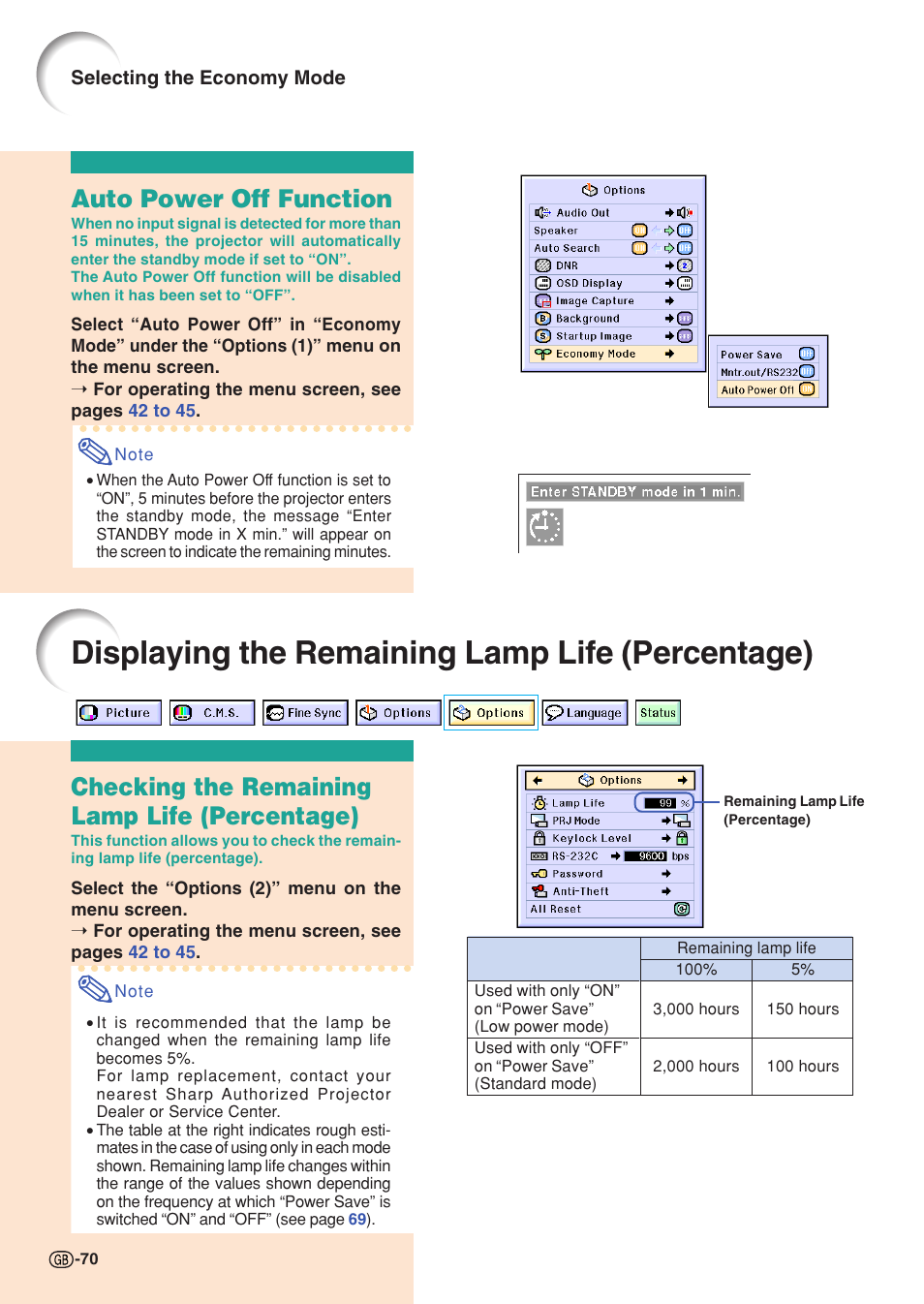 Auto power off function, Displaying the remaining lamp life (percentage), Displaying the remaining lamp life | Percentage), Checking the remaining lamp life (percentage) | Sharp XG-C55X User Manual | Page 74 / 106