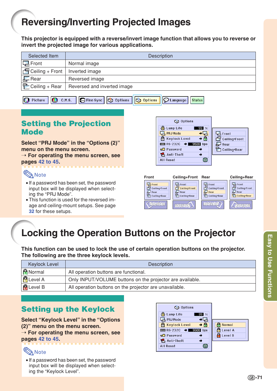 Reversing/inverting projected images, Locking the operation buttons on the projector, Setting up the keylock | On the projector, P.71, Setting the projection mode | Sharp XG-C55X User Manual | Page 75 / 106