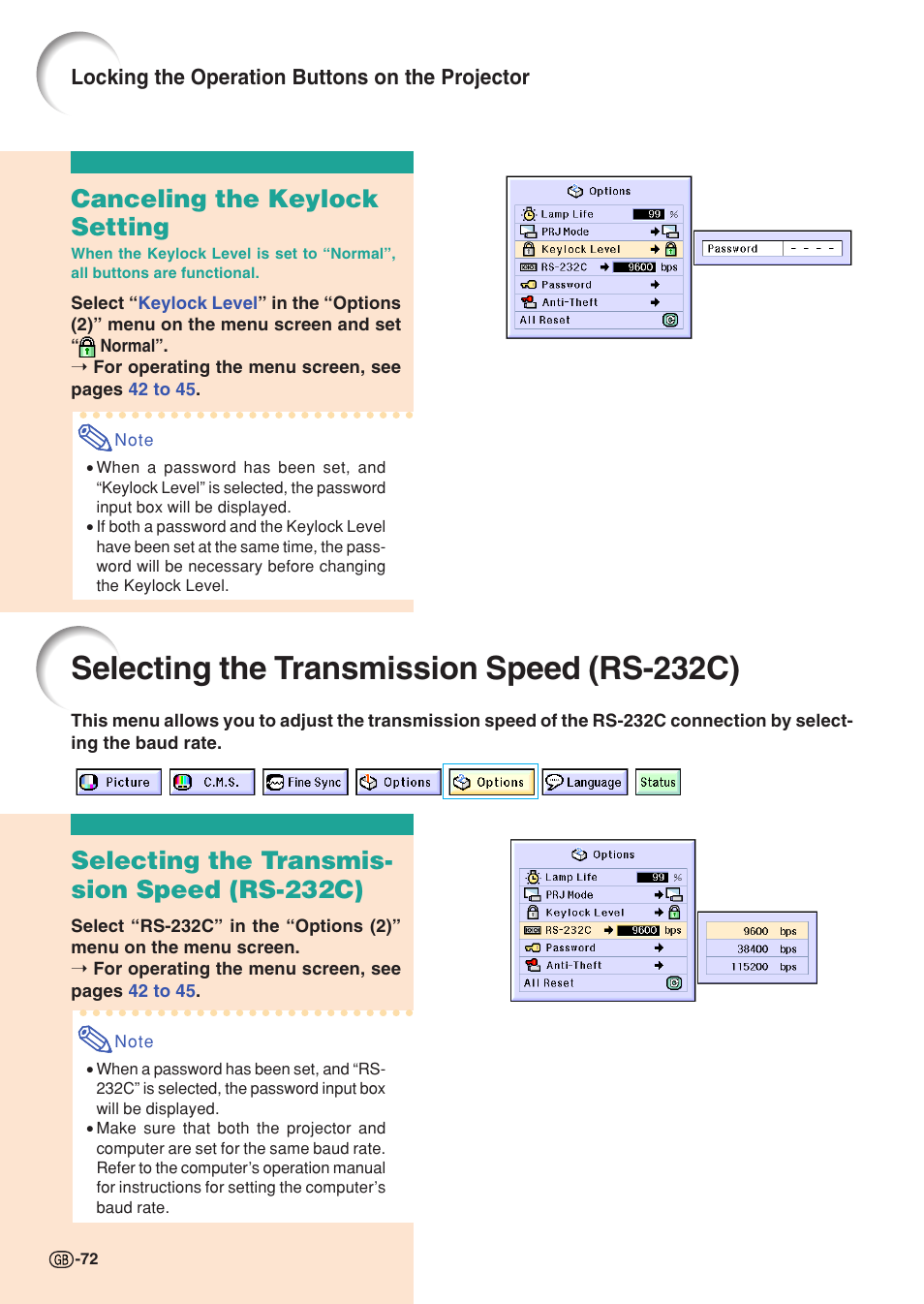 Canceling the keylock setting, Selecting the transmission speed (rs-232c), Selecting the transmission speed | Rs-232c), Selecting the transmis- sion speed (rs-232c), Locking the operation buttons on the projector | Sharp XG-C55X User Manual | Page 76 / 106