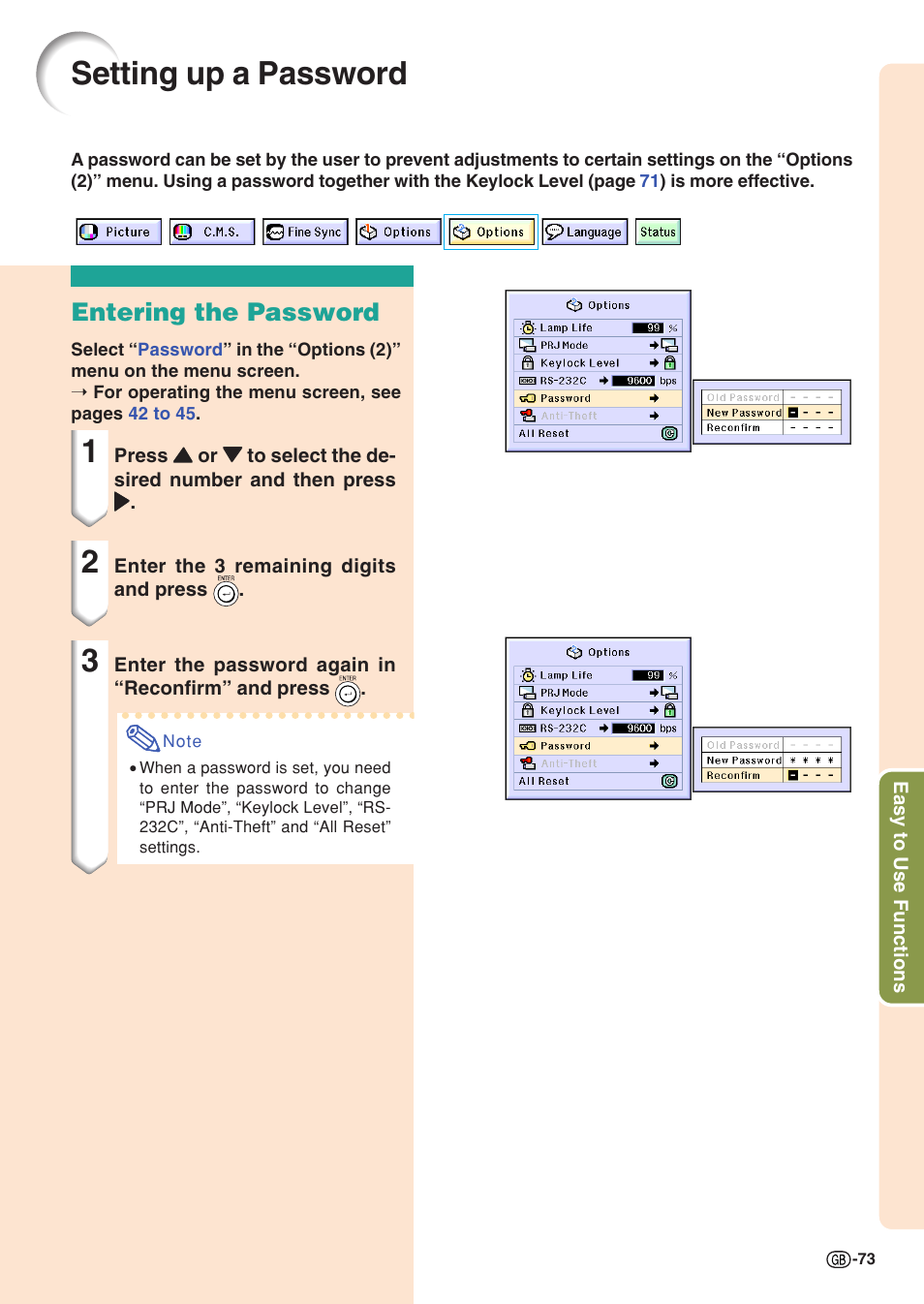 Setting up a password, Entering the password | Sharp XG-C55X User Manual | Page 77 / 106