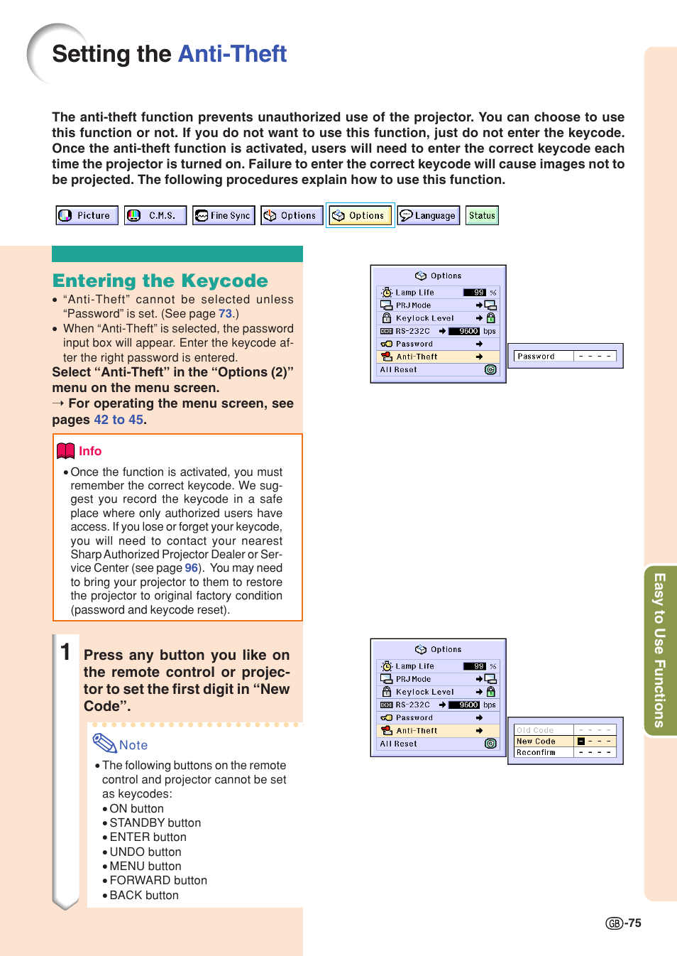 Setting the anti-theft, Entering the keycode | Sharp XG-C55X User Manual | Page 79 / 106