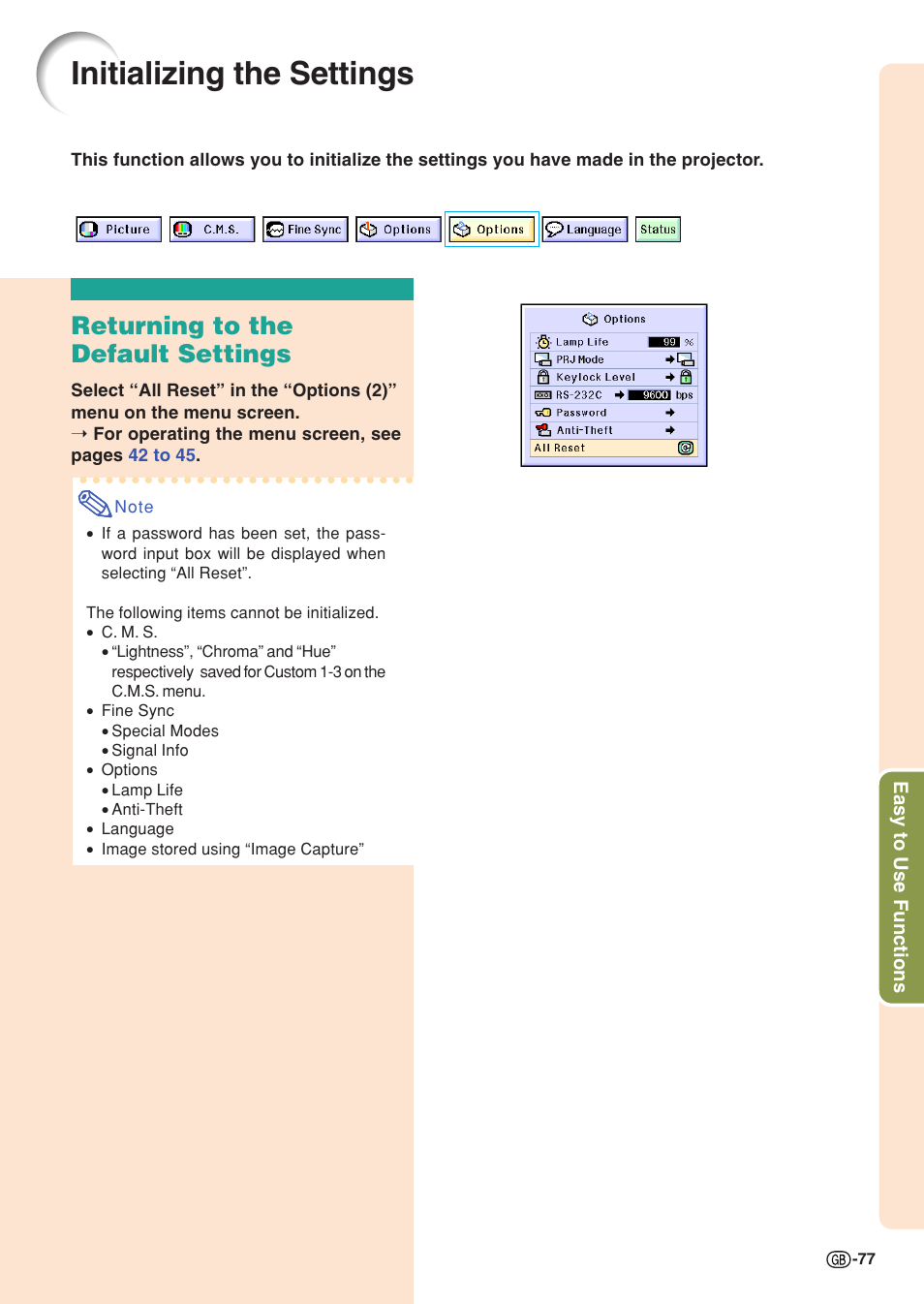 Initializing the settings, Returning to the default settings | Sharp XG-C55X User Manual | Page 81 / 106