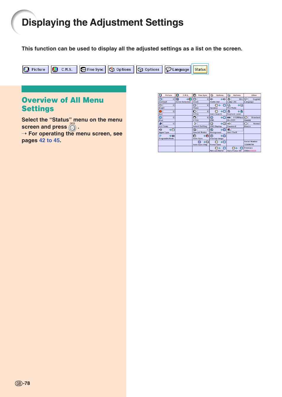 Displaying the adjustment settings, Overview of all menu settings | Sharp XG-C55X User Manual | Page 82 / 106