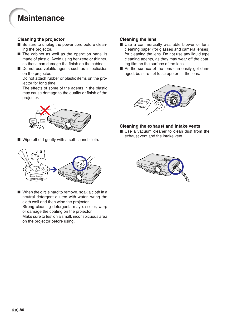 Maintenance, Cleaning the lens, Cleaning the exhaust and intake vents | Cleaning the projector | Sharp XG-C55X User Manual | Page 84 / 106