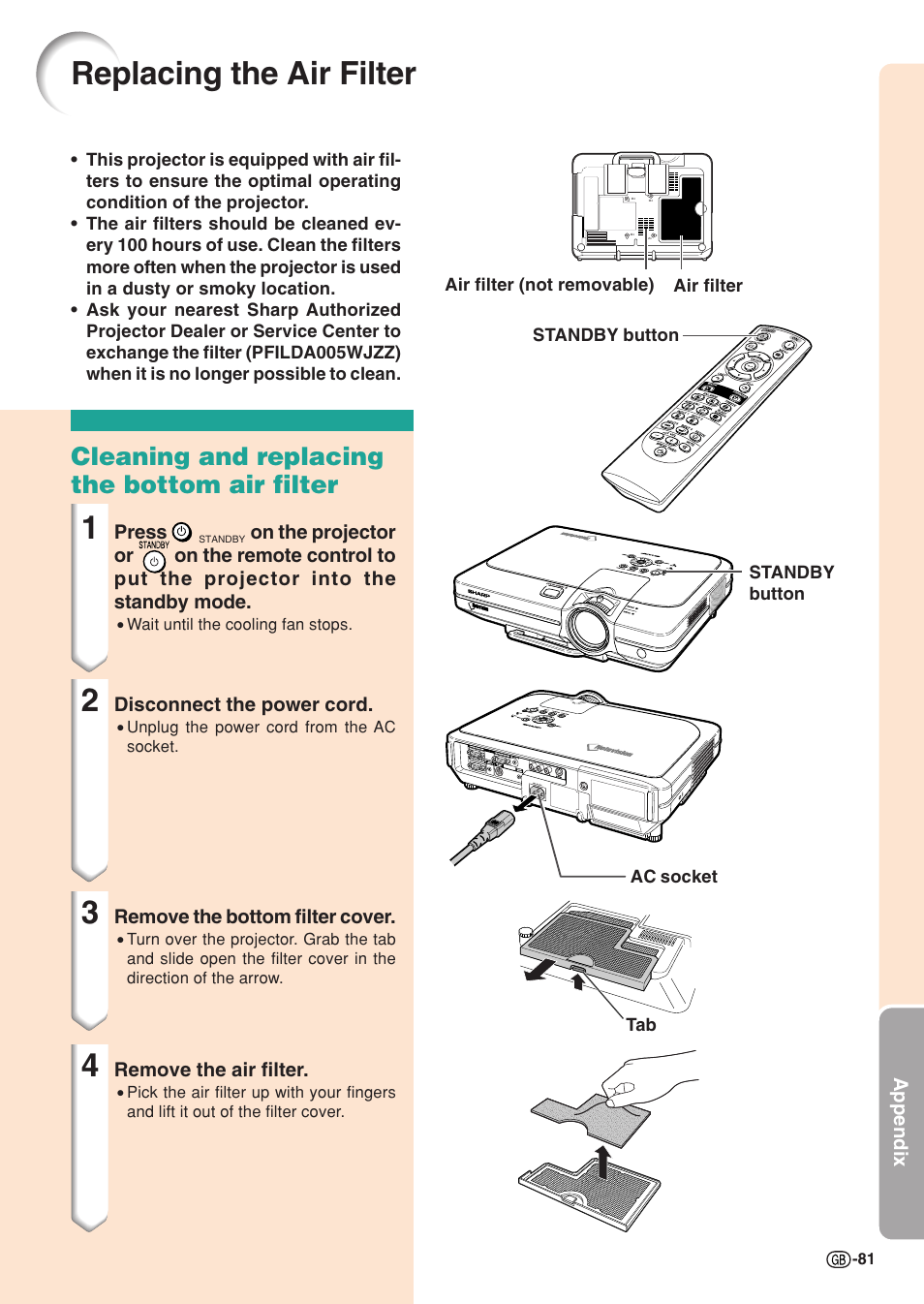 Replacing the air filter, Cleaning and replacing the bottom air filter | Sharp XG-C55X User Manual | Page 85 / 106