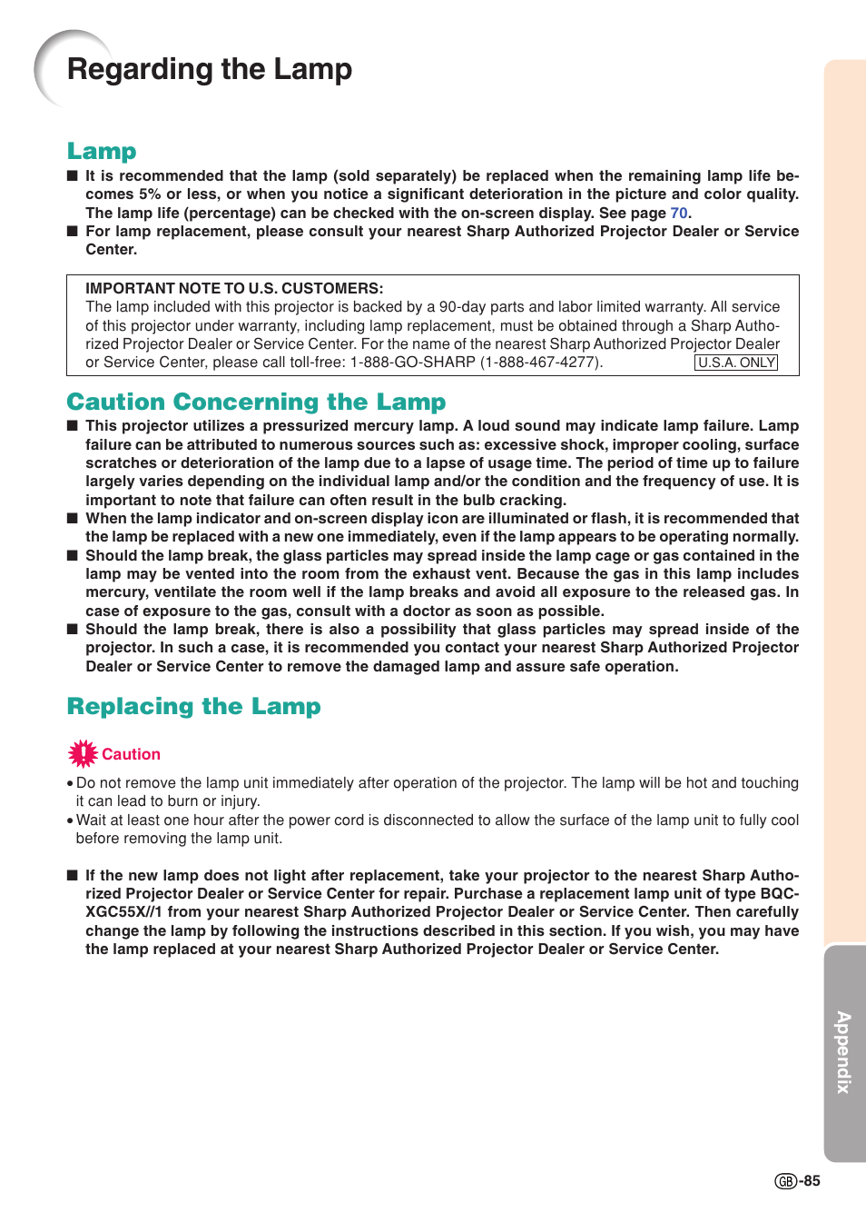 Regarding the lamp, Lamp, Caution concerning the lamp | Replacing the lamp | Sharp XG-C55X User Manual | Page 89 / 106