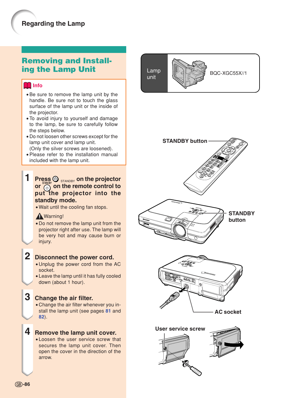 Removing and installing the lamp unit, Removing and install- ing the lamp unit | Sharp XG-C55X User Manual | Page 90 / 106