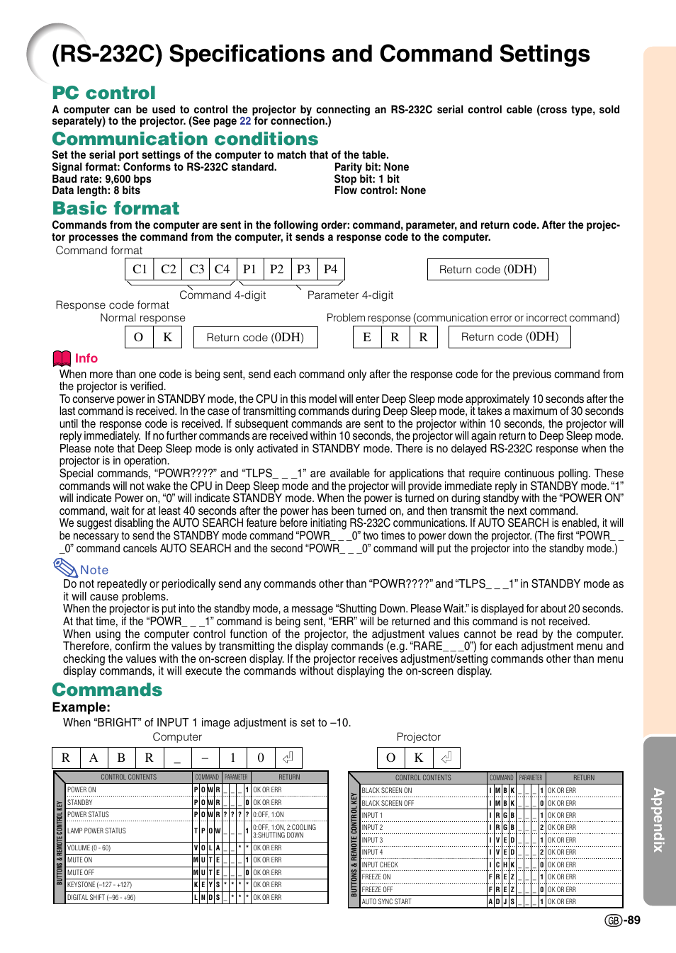 Rs-232c) specifications and command settings, Rs-232c) specifications and, Command settings | For details, Pc control, Communication conditions, Basic format, Commands, Appendix, Example | Sharp XG-C55X User Manual | Page 93 / 106