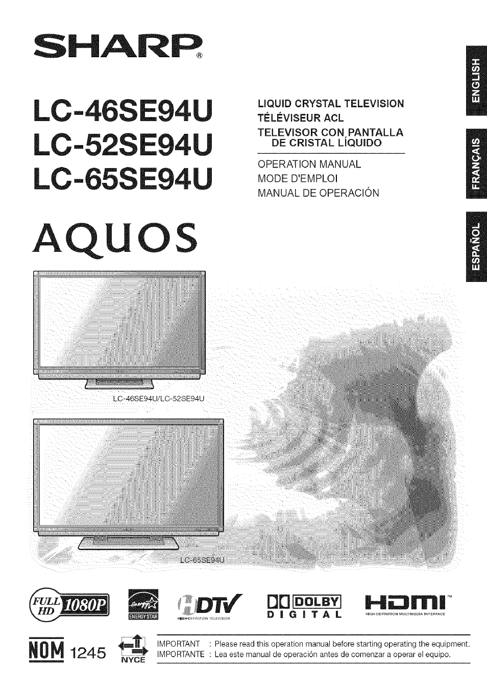 Sharp Aquos LC 46SE94U User Manual | 58 pages