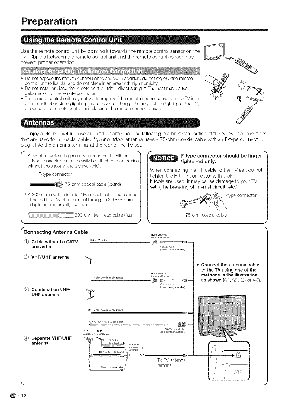 Preparation, Using the remote control unit, Antennas | Sharp Aquos LC 46SE94U User Manual | Page 13 / 58