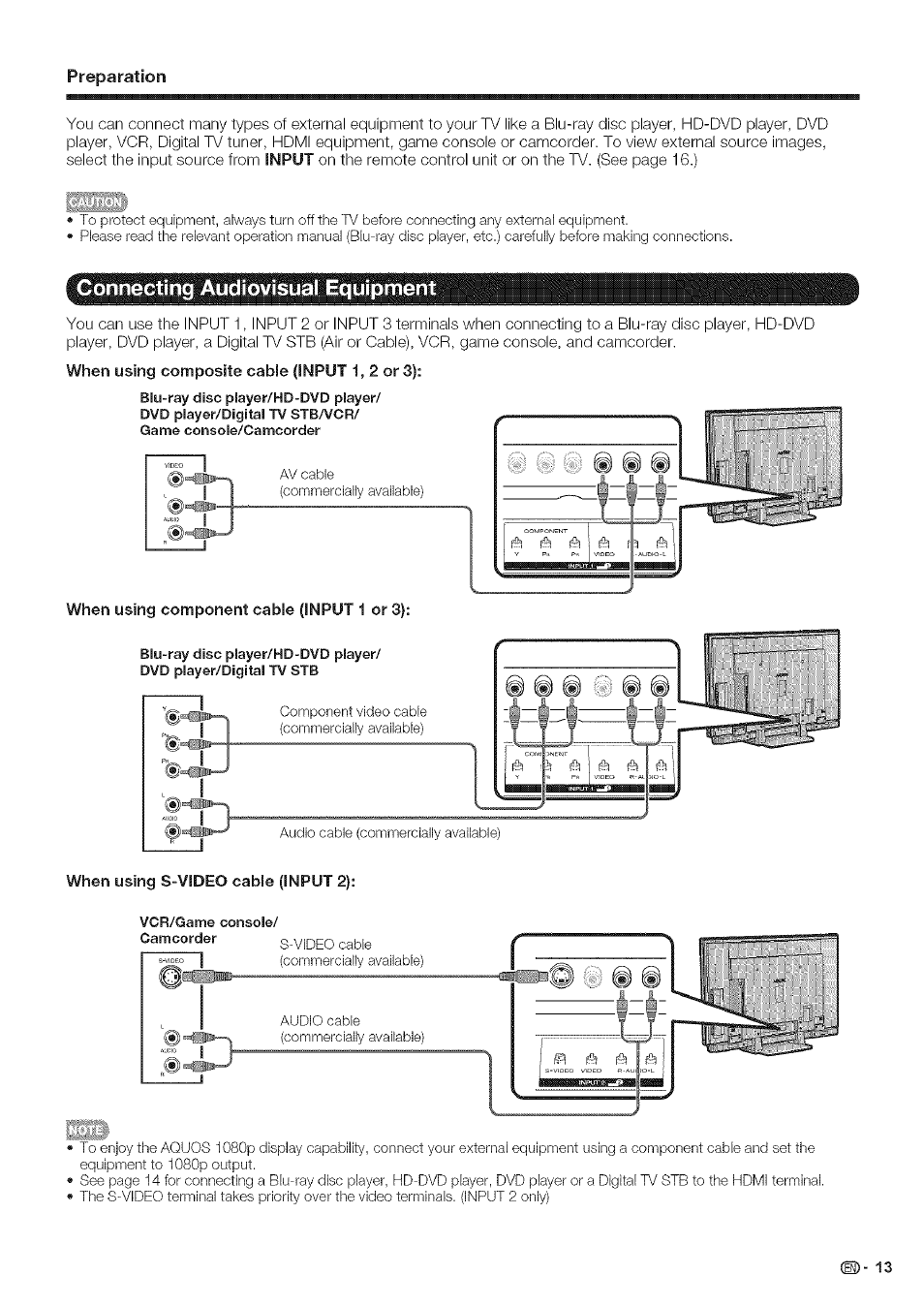 Connecting audiovisual equipment, When using component cable (input 1 or 3), When using s-video cable (input 2) | Sharp Aquos LC 46SE94U User Manual | Page 14 / 58