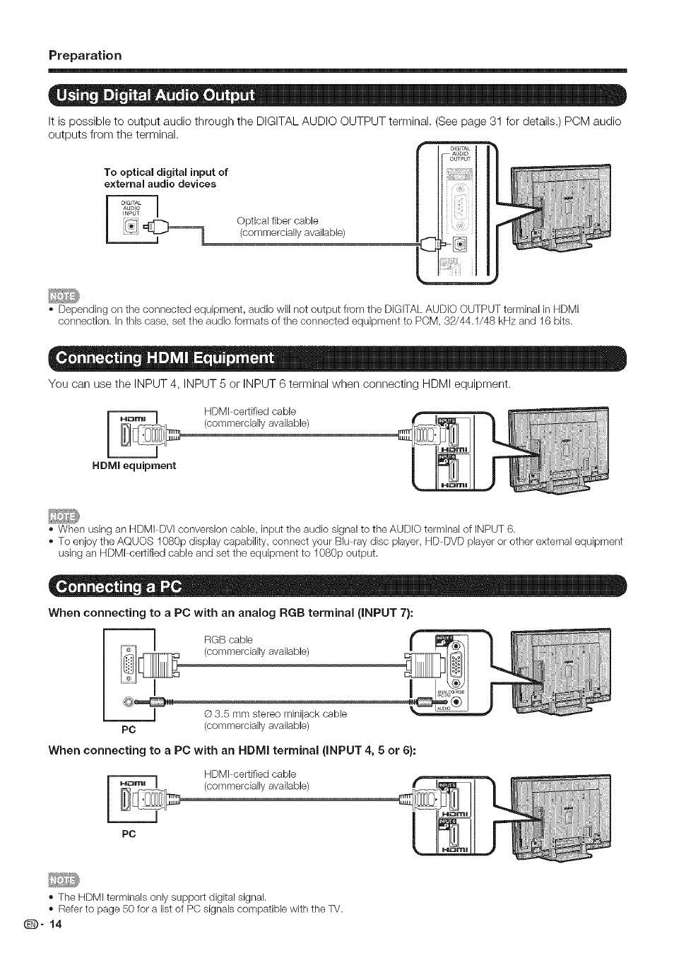 Using digital audio òu, Connecting hdmi equipment, Connecting a pc | Using digital audio output, Connecting hdmi equipment connecting a pc, Wimi | Sharp Aquos LC 46SE94U User Manual | Page 15 / 58