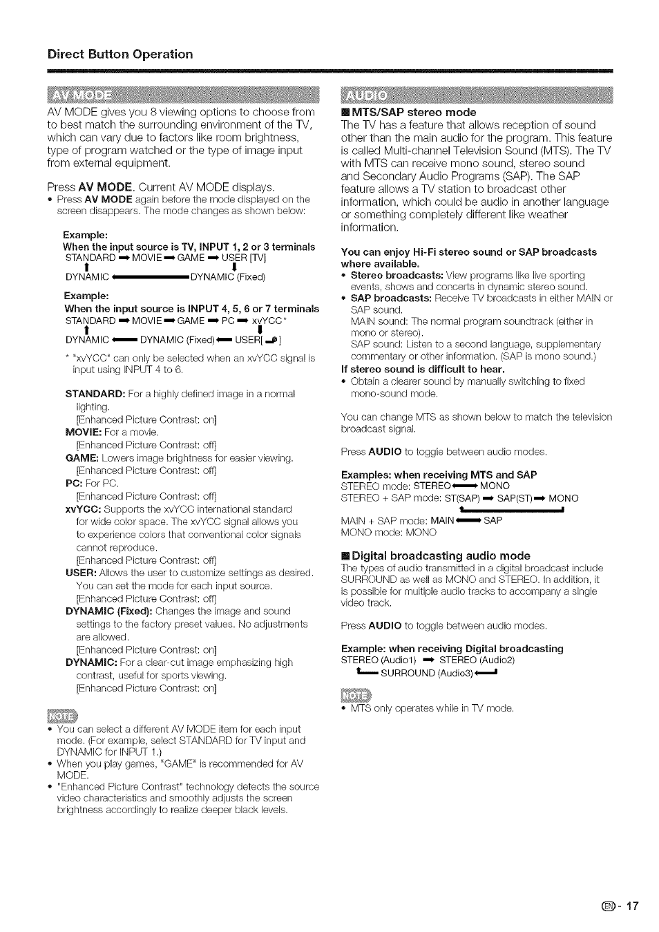 Mts/sap stereo mode, Digital broadcasting audio mode, Direct button operation | Sharp Aquos LC 46SE94U User Manual | Page 18 / 58