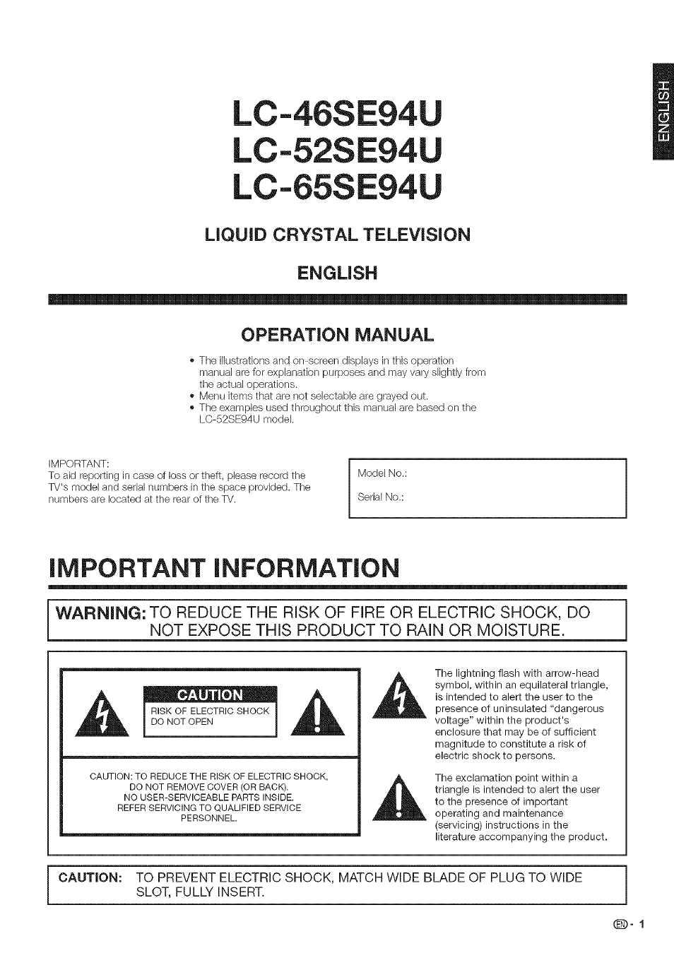 Important information | Sharp Aquos LC 46SE94U User Manual | Page 2 / 58