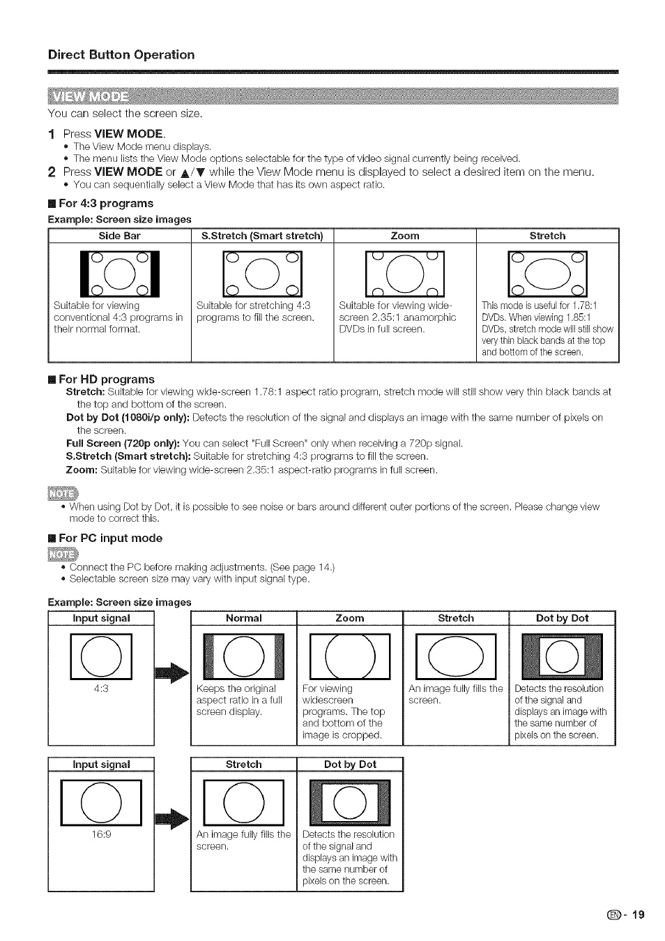 I for hd programs, Direct button operation | Sharp Aquos LC 46SE94U User Manual | Page 20 / 58