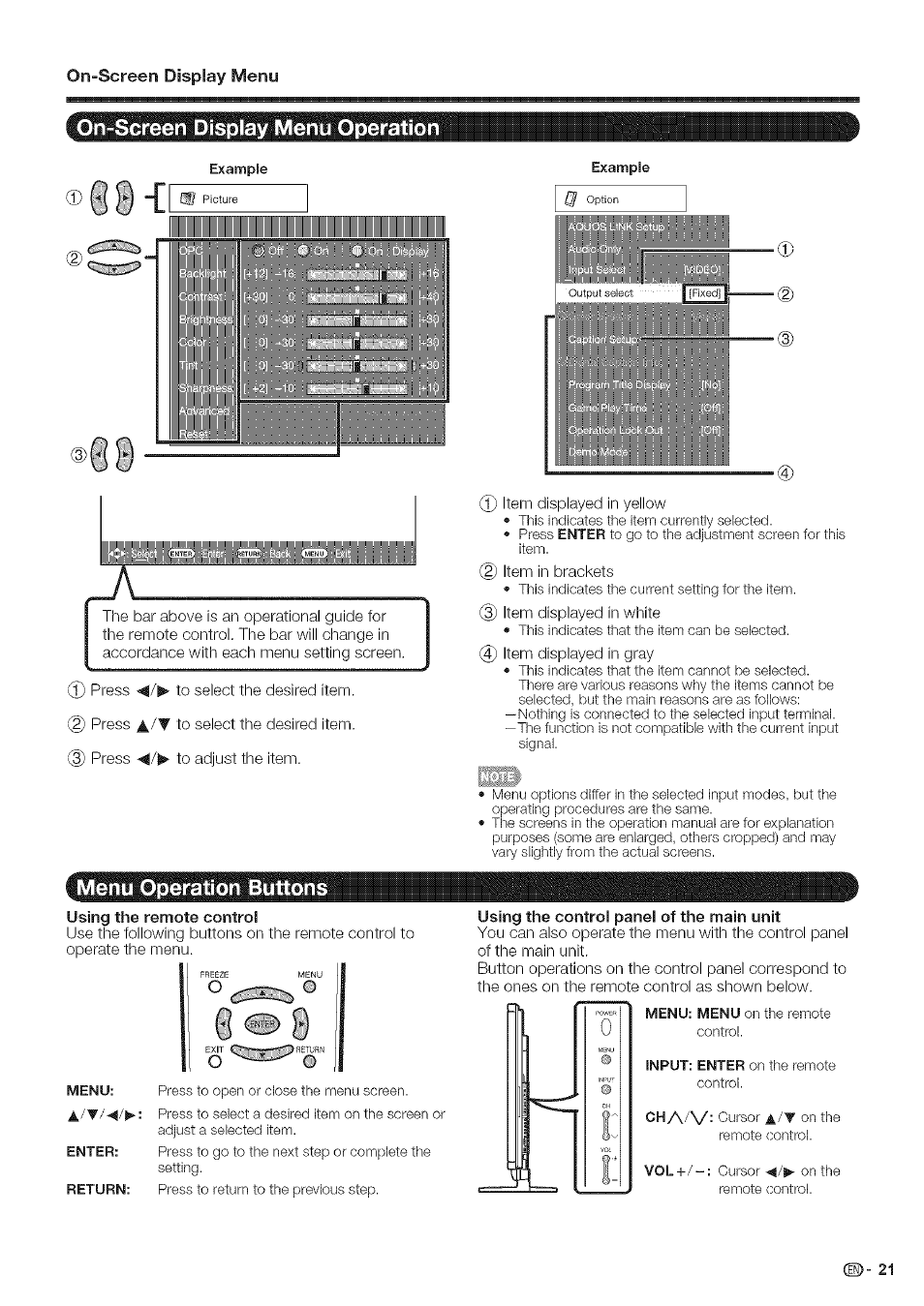 On-screen display menu opération, Menu operation buttons, Using the control panel of the main unit | On-screen display menu operation, I ® b, On-screen display menu | Sharp Aquos LC 46SE94U User Manual | Page 22 / 58