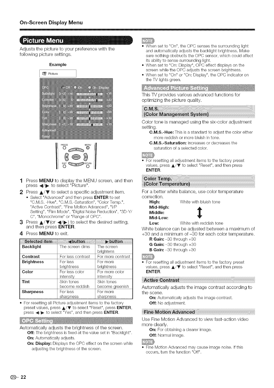 Picture menu | Sharp Aquos LC 46SE94U User Manual | Page 23 / 58