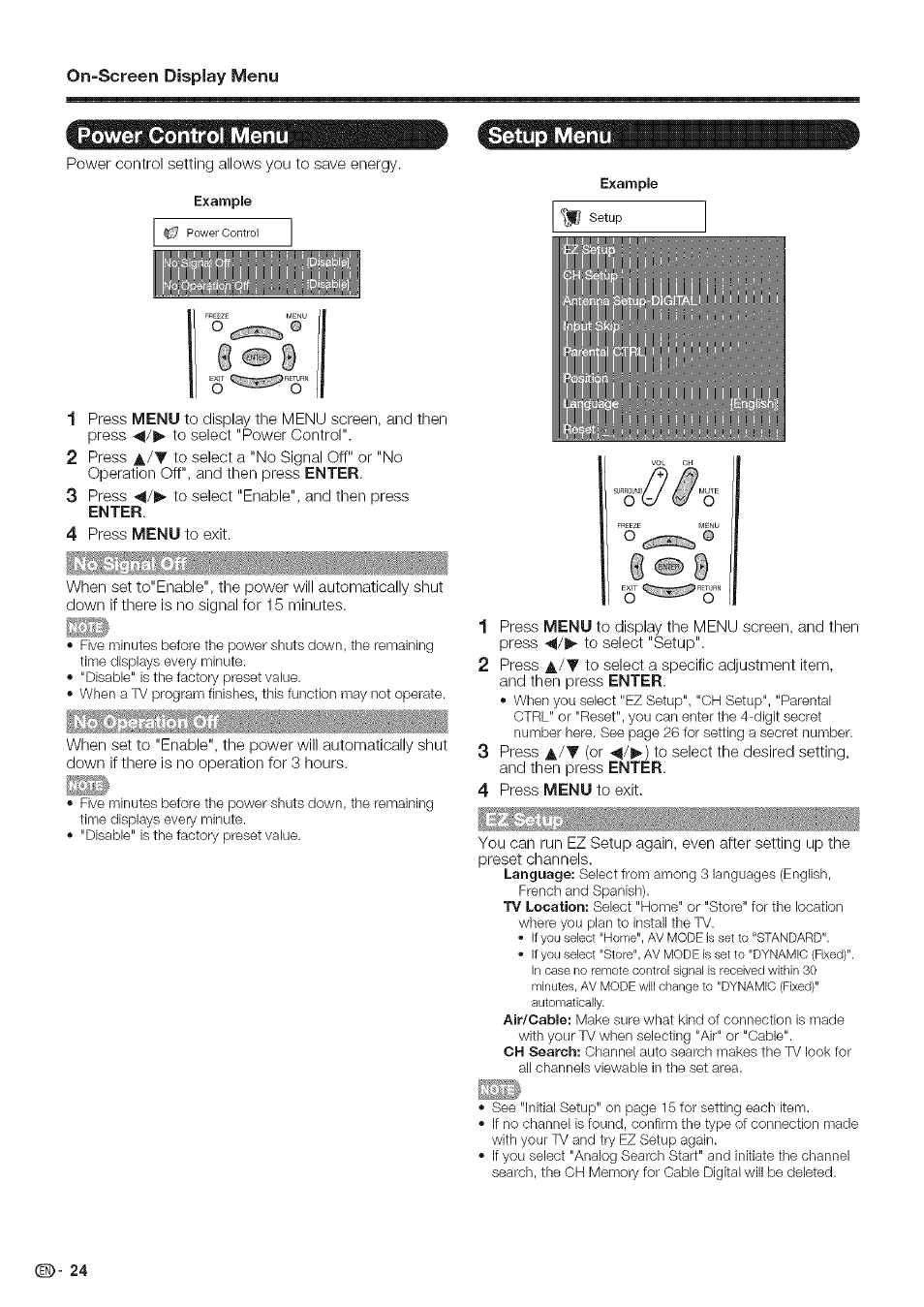 Power control menu, Setup menu, Power control menu setup menu | Sharp Aquos LC 46SE94U User Manual | Page 25 / 58