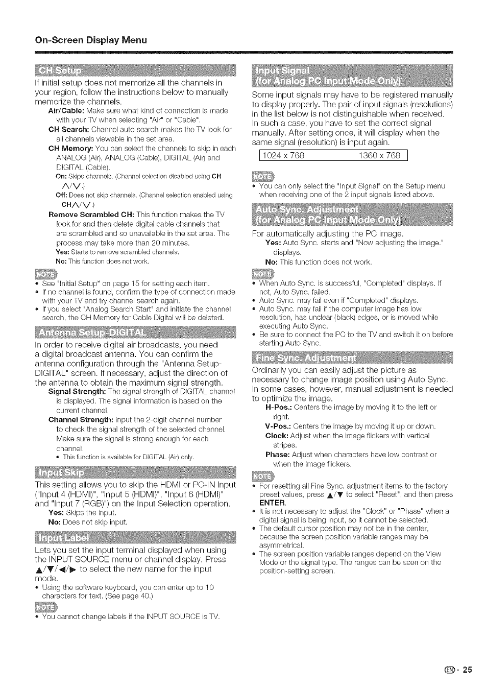 Ifffll, On-screen display menu ch sot, Antenrih setup-digit | Fine sync. adj | Sharp Aquos LC 46SE94U User Manual | Page 26 / 58