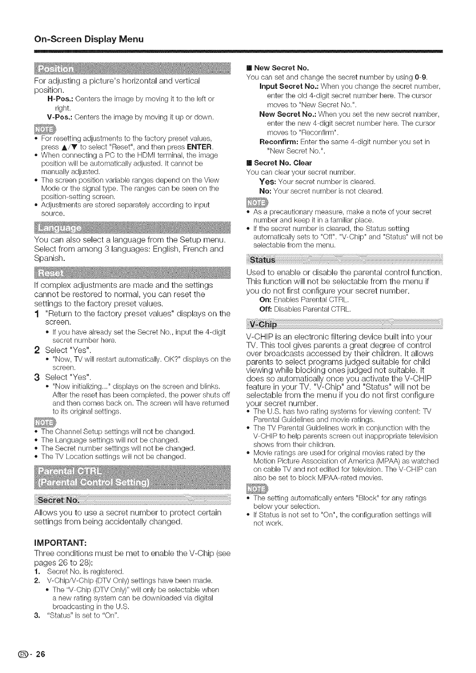 On-screen display menu, Lingua | Sharp Aquos LC 46SE94U User Manual | Page 27 / 58