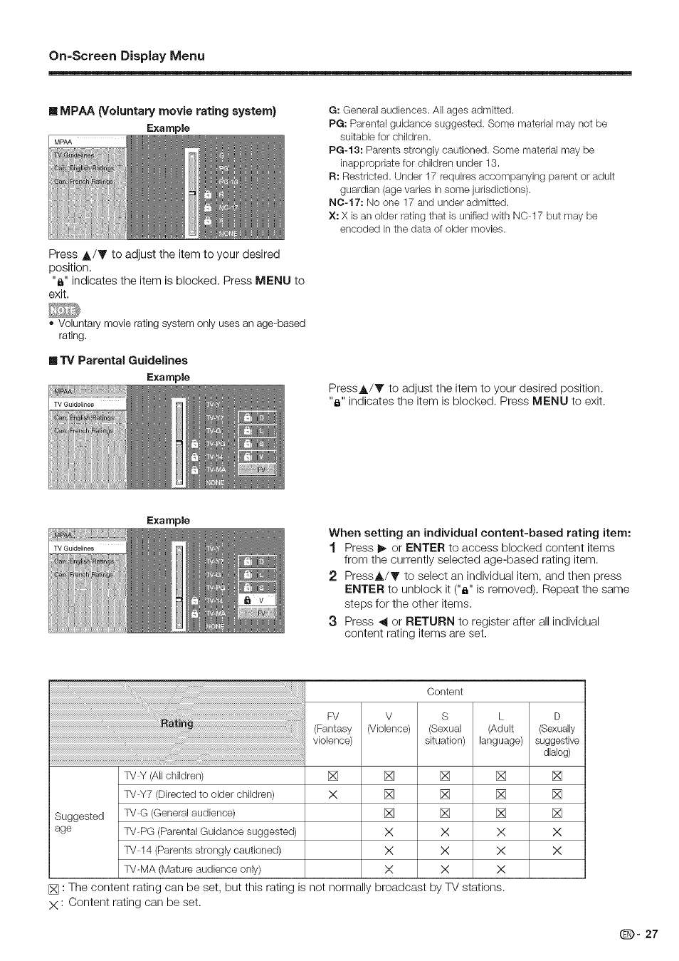 Tv parental guidelines, On-screen display menu, Iliim li | Sharp Aquos LC 46SE94U User Manual | Page 28 / 58