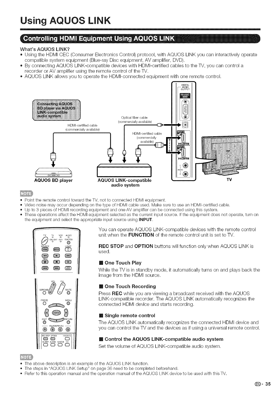 Using aquos link, Controllihg hdm| equipment u^jng aquos link, What’s aquos link | One touch play, One touch recording, Single remote control | Sharp Aquos LC 46SE94U User Manual | Page 36 / 58