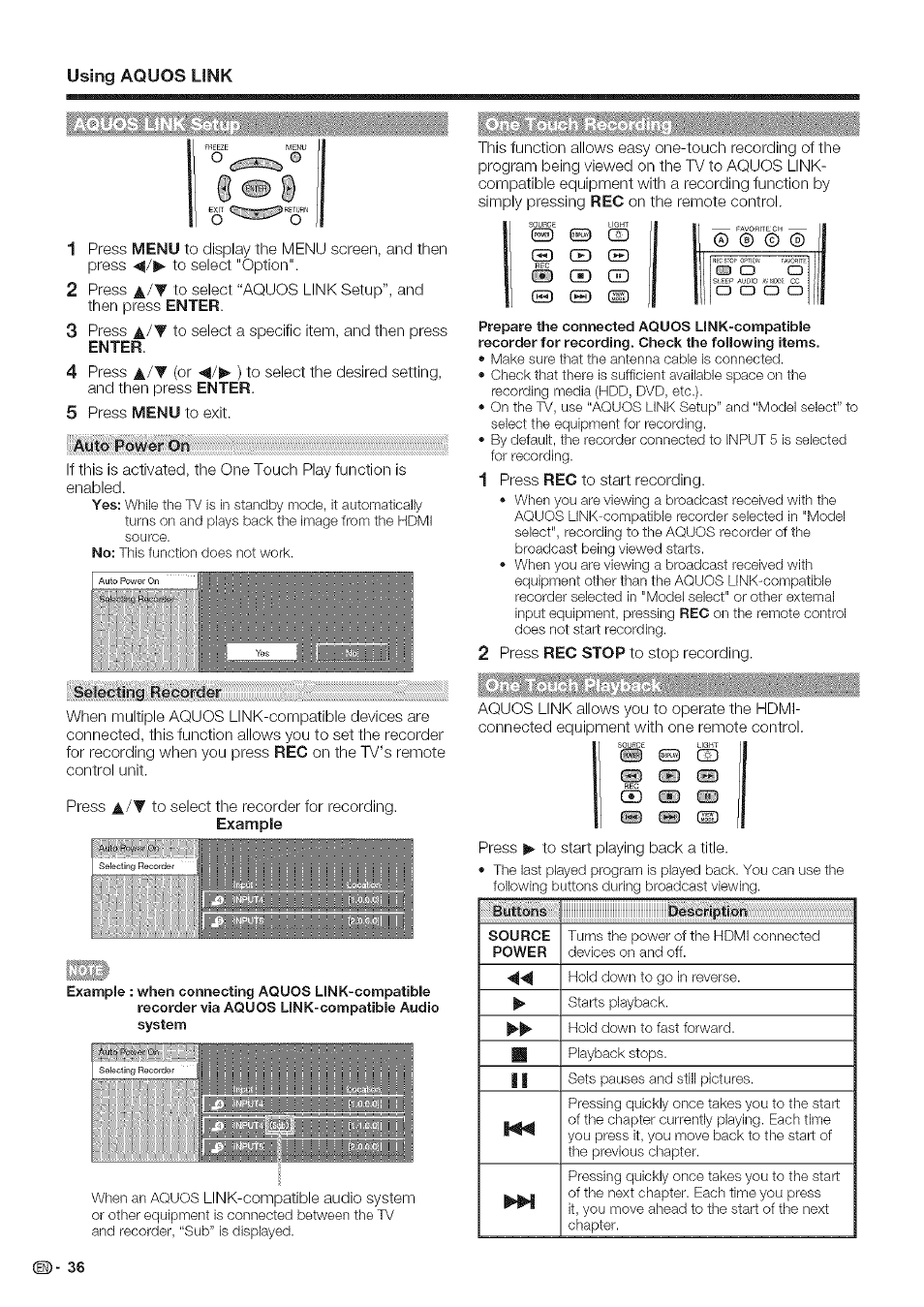 Using aquos link, Q ced ® ® ® ced, One touch playback | Sharp Aquos LC 46SE94U User Manual | Page 37 / 58