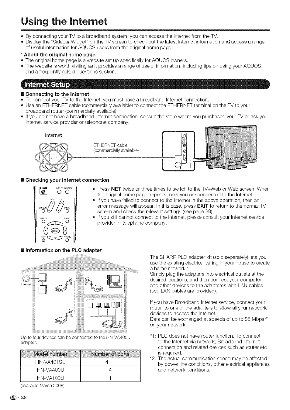 Using the internet, Internet setup, I connecting to the internet | Checking your internet connection, I information on the plc adapter | Sharp Aquos LC 46SE94U User Manual | Page 39 / 58