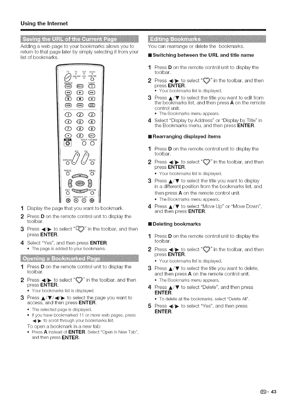 Rearranging displayed items, Deleting bookmarks, Editing bookmarks | Sharp Aquos LC 46SE94U User Manual | Page 44 / 58