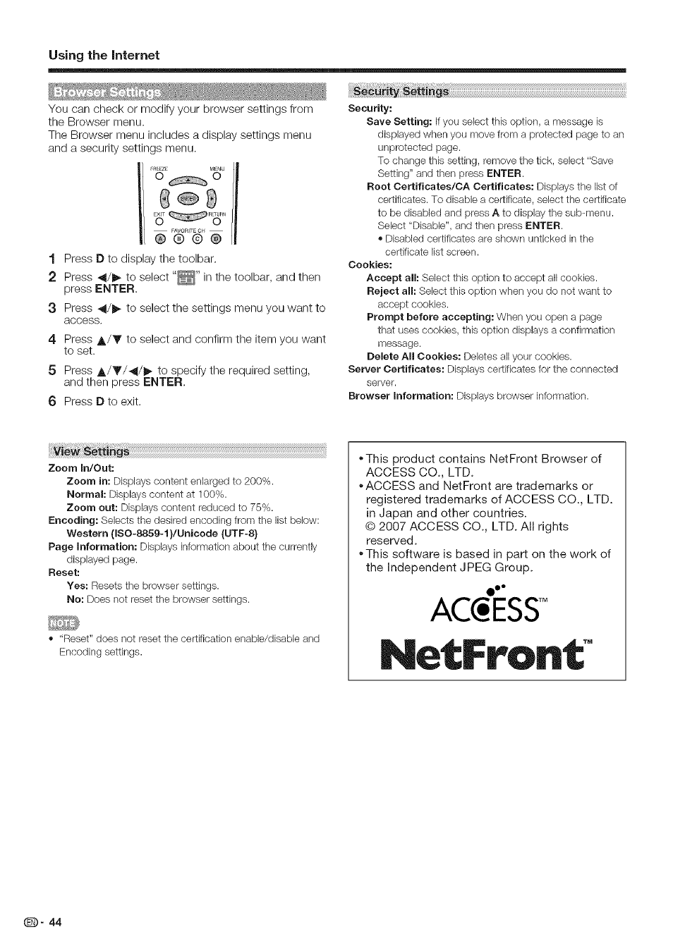 Netfront | Sharp Aquos LC 46SE94U User Manual | Page 45 / 58