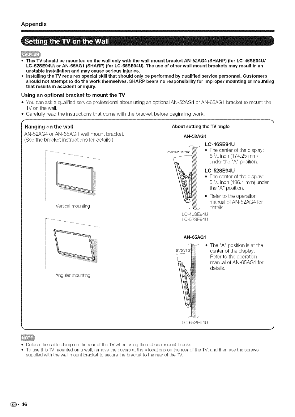 Setting the tv on the wall, Hanging on the wail, Lc-46se94u | Lc-52se94u, Setting the iv on the wall | Sharp Aquos LC 46SE94U User Manual | Page 47 / 58