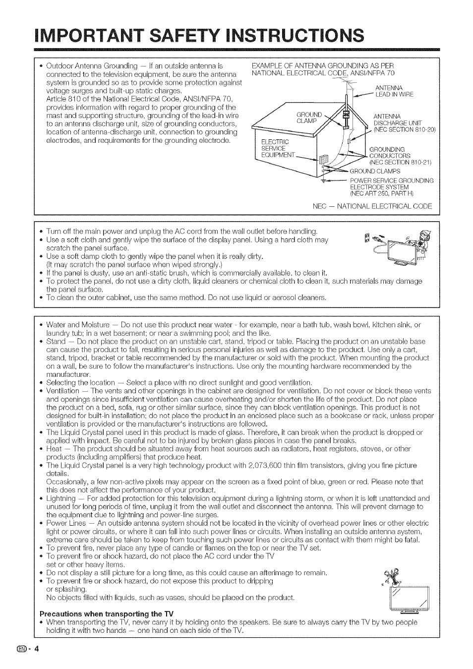 Important safety instructions | Sharp Aquos LC 46SE94U User Manual | Page 5 / 58