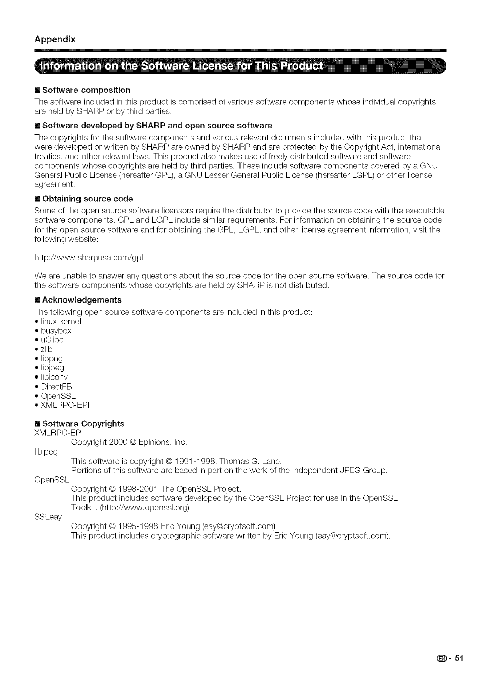 Software composition | Sharp Aquos LC 46SE94U User Manual | Page 52 / 58