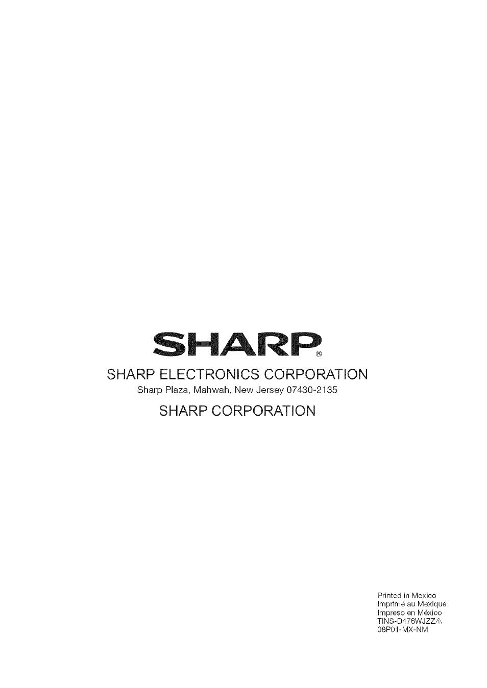 Sharp electronics corporation, Sharp corporation | Sharp Aquos LC 46SE94U User Manual | Page 58 / 58