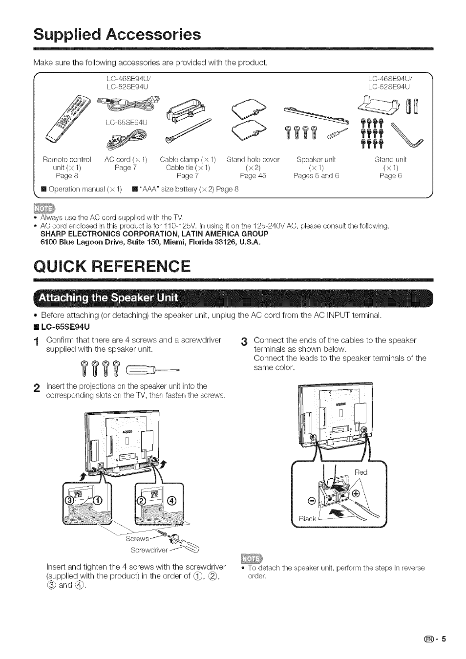 Supplied accessories, Quick reference, Attaching the speaker unit | Sharp Aquos LC 46SE94U User Manual | Page 6 / 58